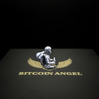 Logo of Bitcoin Angel with an angelic figure holding a sword on a dark background
