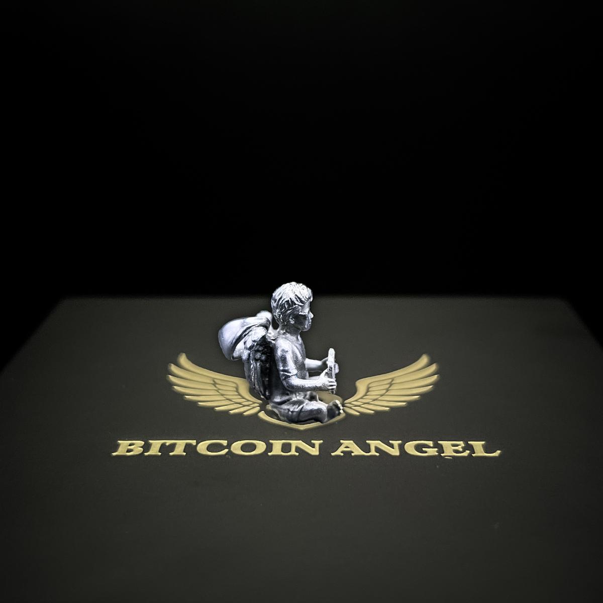Logo of Bitcoin Angel with an angelic figure holding a sword on a dark background