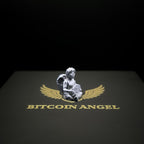 Logo of a 'Bitcoin Angel' with an angel holding a coin on a dark background.