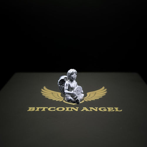 Logo of a 'Bitcoin Angel' with an angel holding a coin on a dark background.
